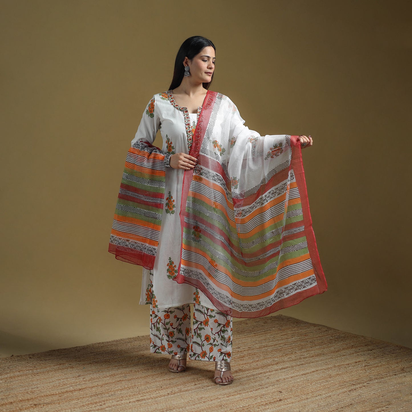 Multicolor - Sanganeri Hand Block Print Cotton Suit Set with Dupatta for women 22