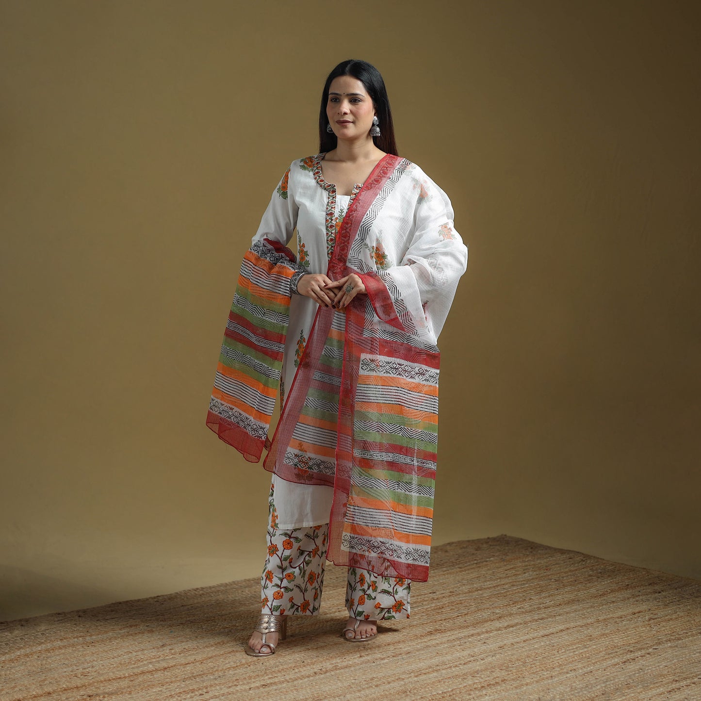 Multicolor - Sanganeri Hand Block Print Cotton Suit Set with Dupatta for women 22