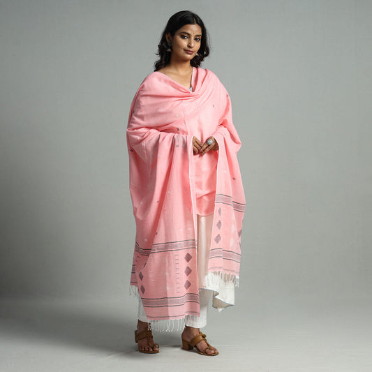 Pink - Burdwan Jamdani Buti Handloom Cotton Dupatta with Tassels 11
