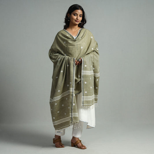 Green - Burdwan Jamdani Buti Handloom Cotton Dupatta with Tassels 12