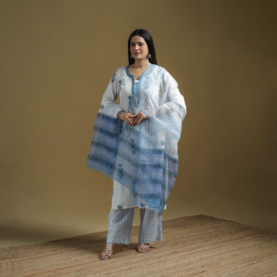 Blue - Sanganeri Hand Block Print Cotton Suit Set with Dupatta for women 20