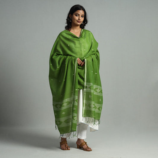Green - Burdwan Jamdani Buti Handloom Cotton Dupatta with Tassels 13