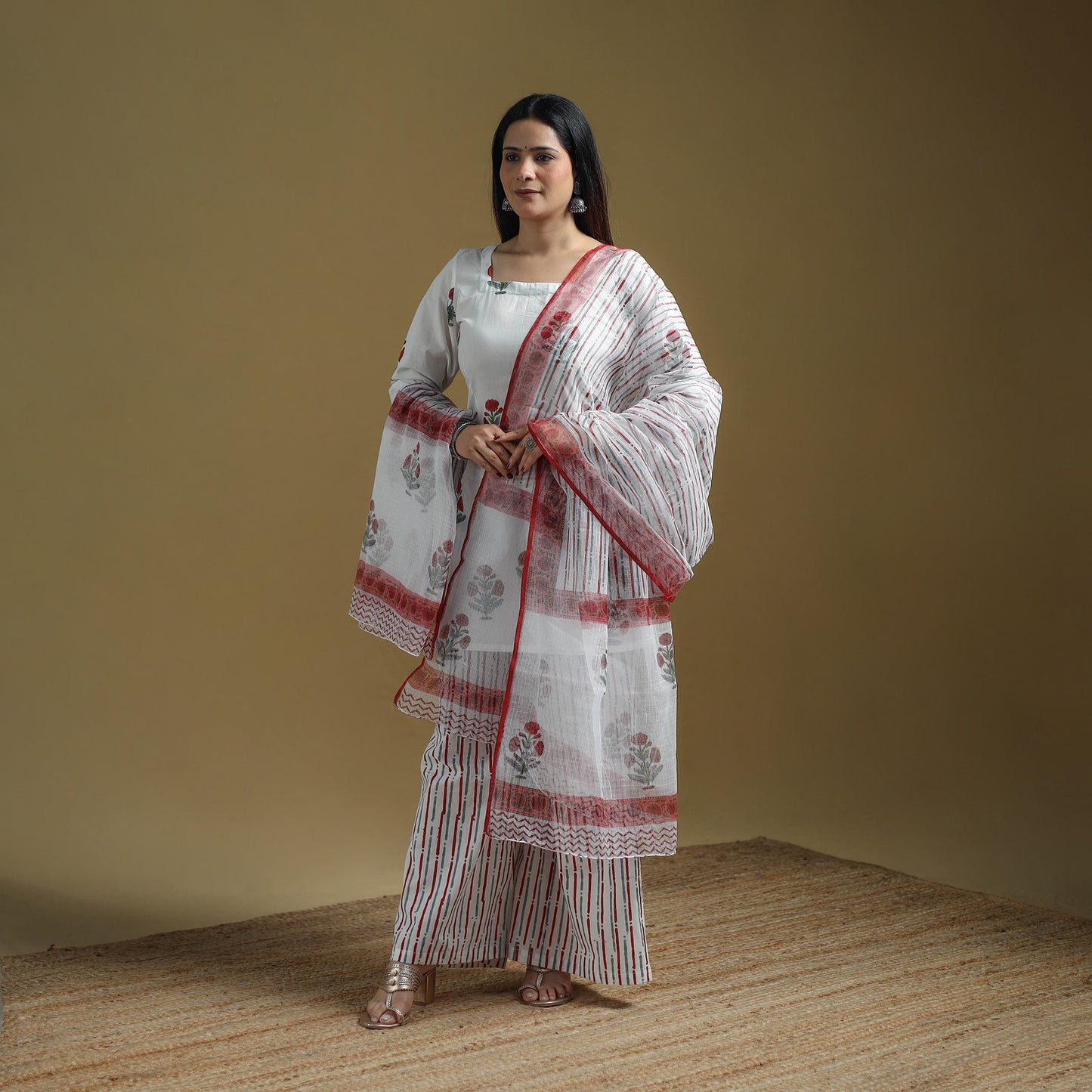 White - Sanganeri Hand Block Print Cotton Suit Set with Dupatta for women 27