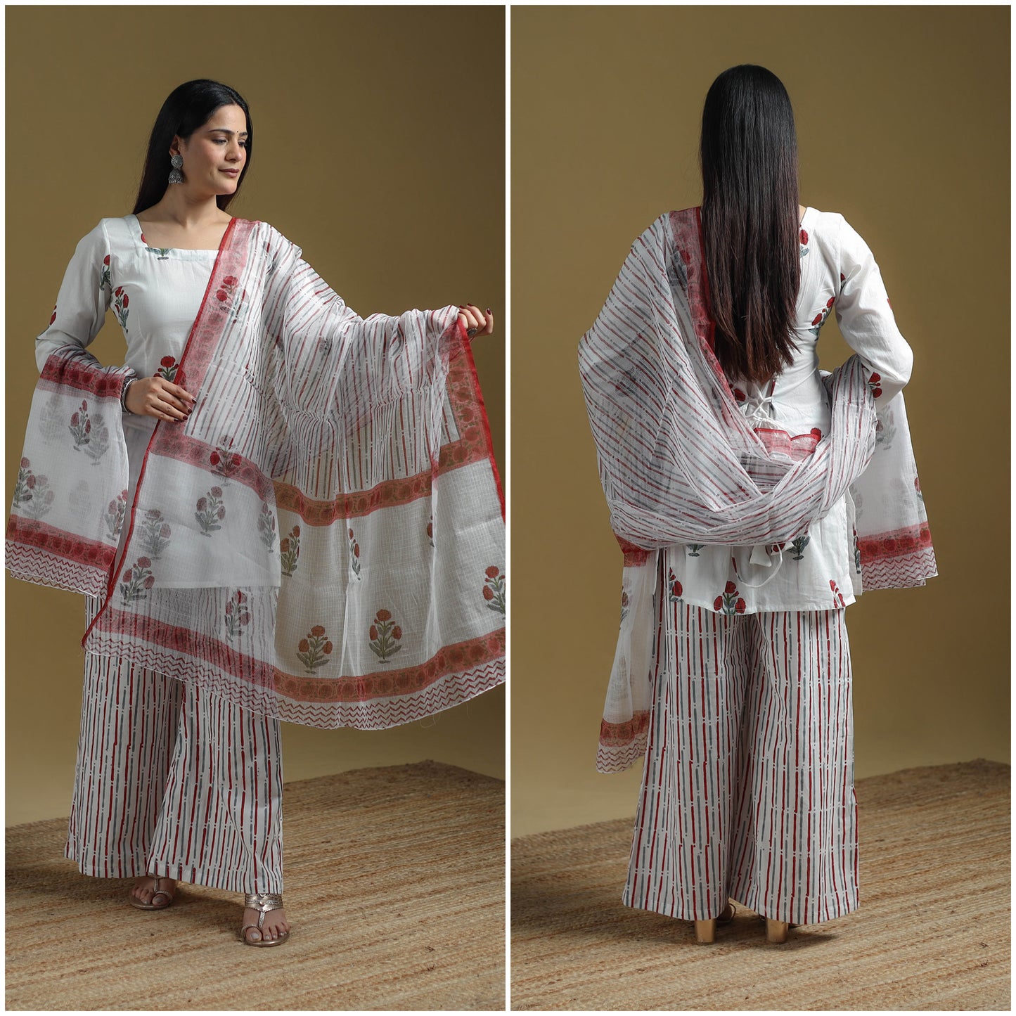 White - Sanganeri Hand Block Print Cotton Suit Set with Dupatta for women 27