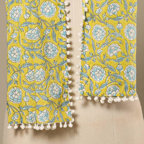 Yellow Block Print Cotton Sanganeri Stole with Pom Pom