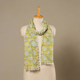 Yellow Block Print Cotton Sanganeri Stole with Pom Pom