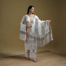 White - Sanganeri Hand Block Print Cotton Suit Set with Dupatta for women 24
