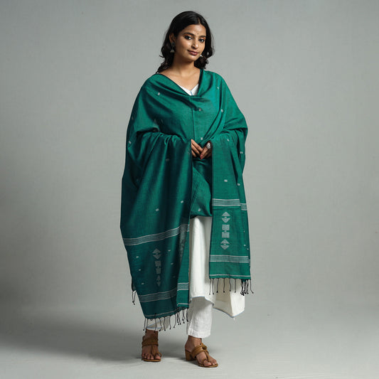 Green - Burdwan Jamdani Buti Handloom Cotton Dupatta with Tassels 16