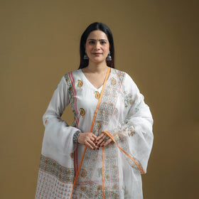 White - Sanganeri Hand Block Print Cotton Suit Set with Dupatta for women 24