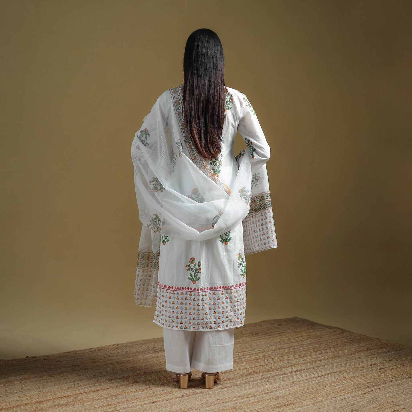 White - Sanganeri Hand Block Print Cotton Suit Set with Dupatta for women 24