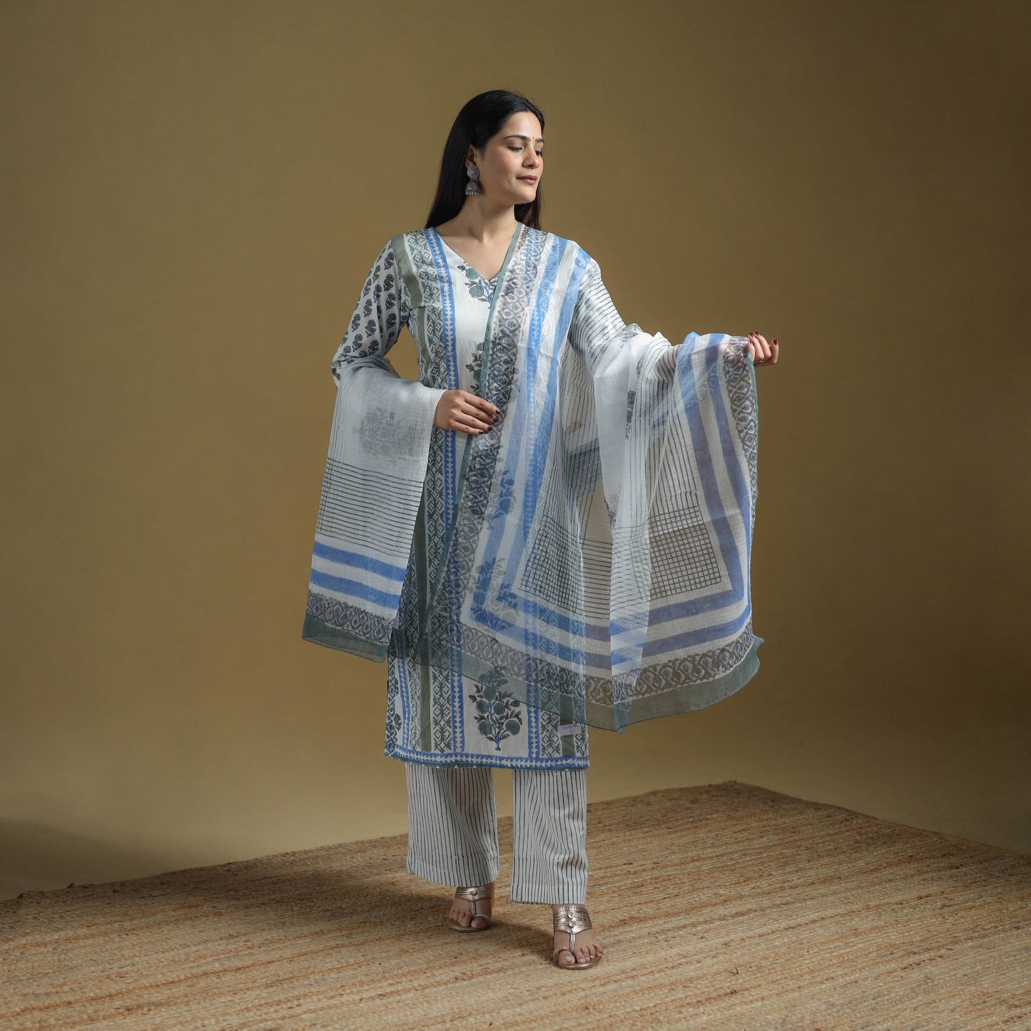 Blue - Sanganeri Hand Block Print Cotton Suit Set with Dupatta for women 25