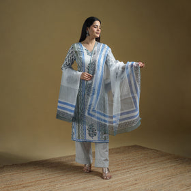 Blue - Sanganeri Hand Block Print Cotton Suit Set with Dupatta for women 25