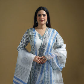 Blue - Sanganeri Hand Block Print Cotton Suit Set with Dupatta for women 25