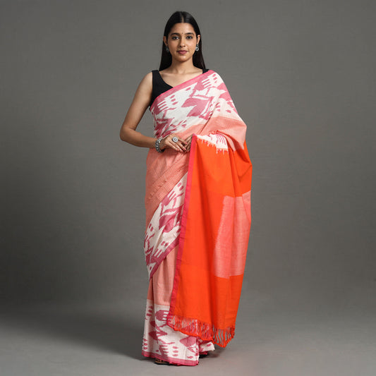 Orange - Pochampally Ikat Weave Handloom Cotton Saree