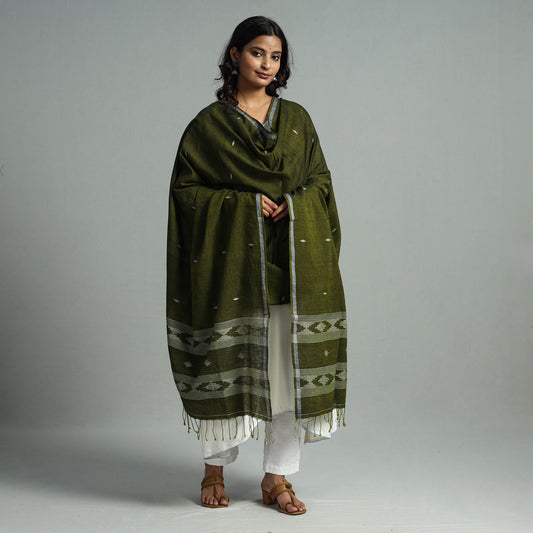 Green - Burdwan Jamdani Buti Handloom Cotton Dupatta with Tassels 22