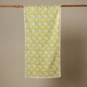 Yellow Block Print Cotton Sanganeri Stole with Pom Pom