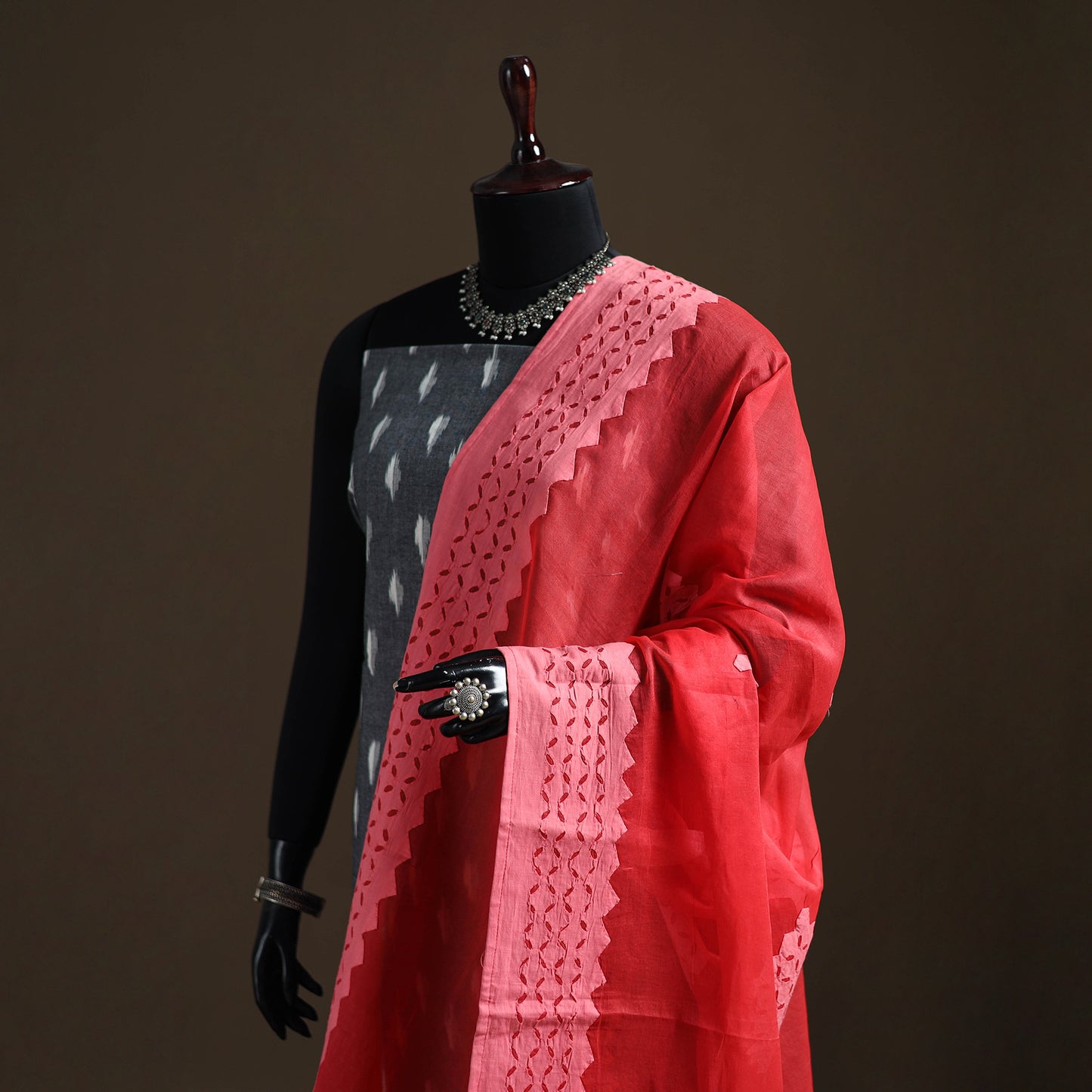 Red - Pure Cotton Barmer Cutwork Applique Dupatta 14