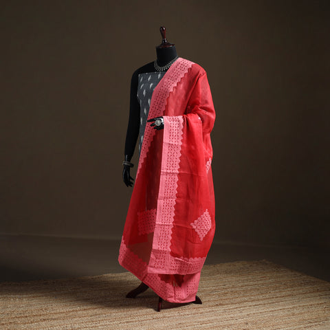 Red - Pure Cotton Barmer Cutwork Applique Dupatta 14