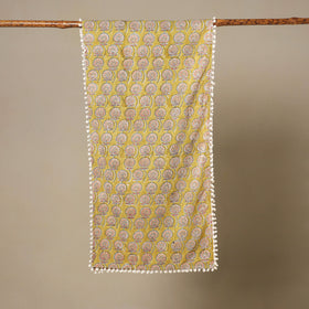 Yellow Block Print Cotton Sanganeri Stole with Pom Pom