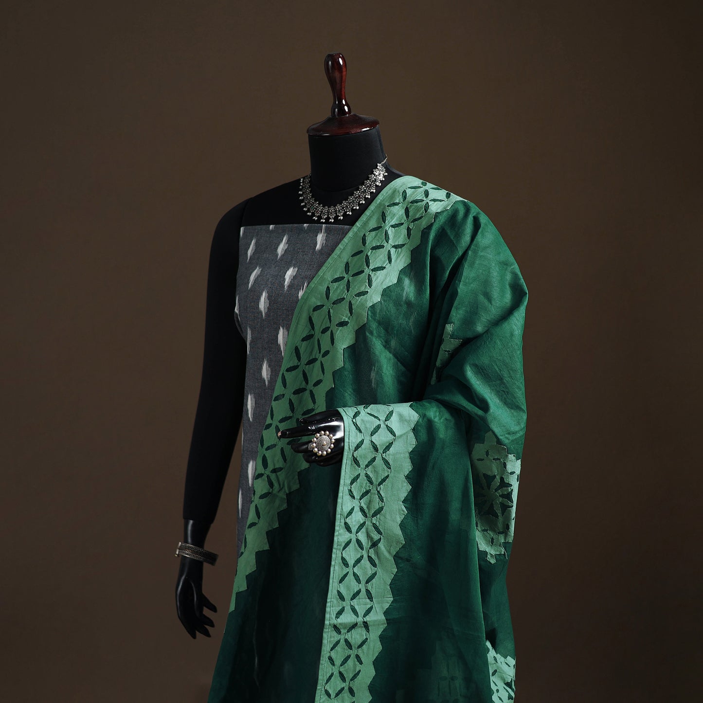 Green - Pure Cotton Barmer Cutwork Applique Dupatta 05