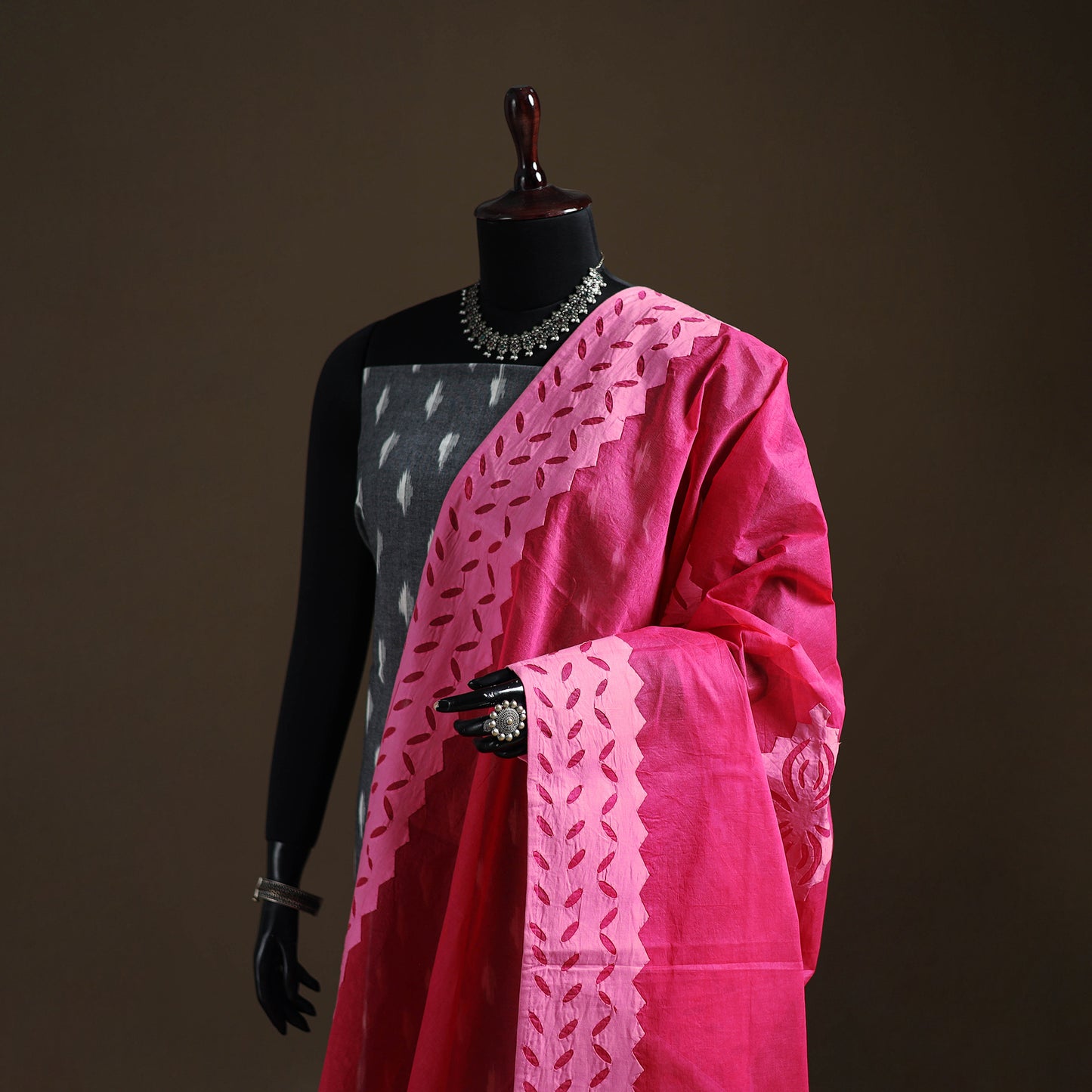 Pink - Pure Cotton Barmer Cutwork Applique Dupatta 11