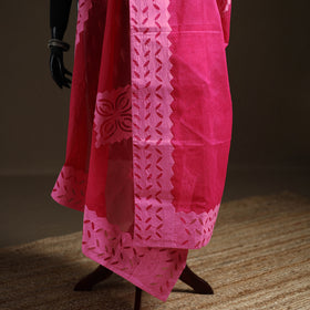 Pink - Pure Cotton Barmer Cutwork Applique Dupatta 11