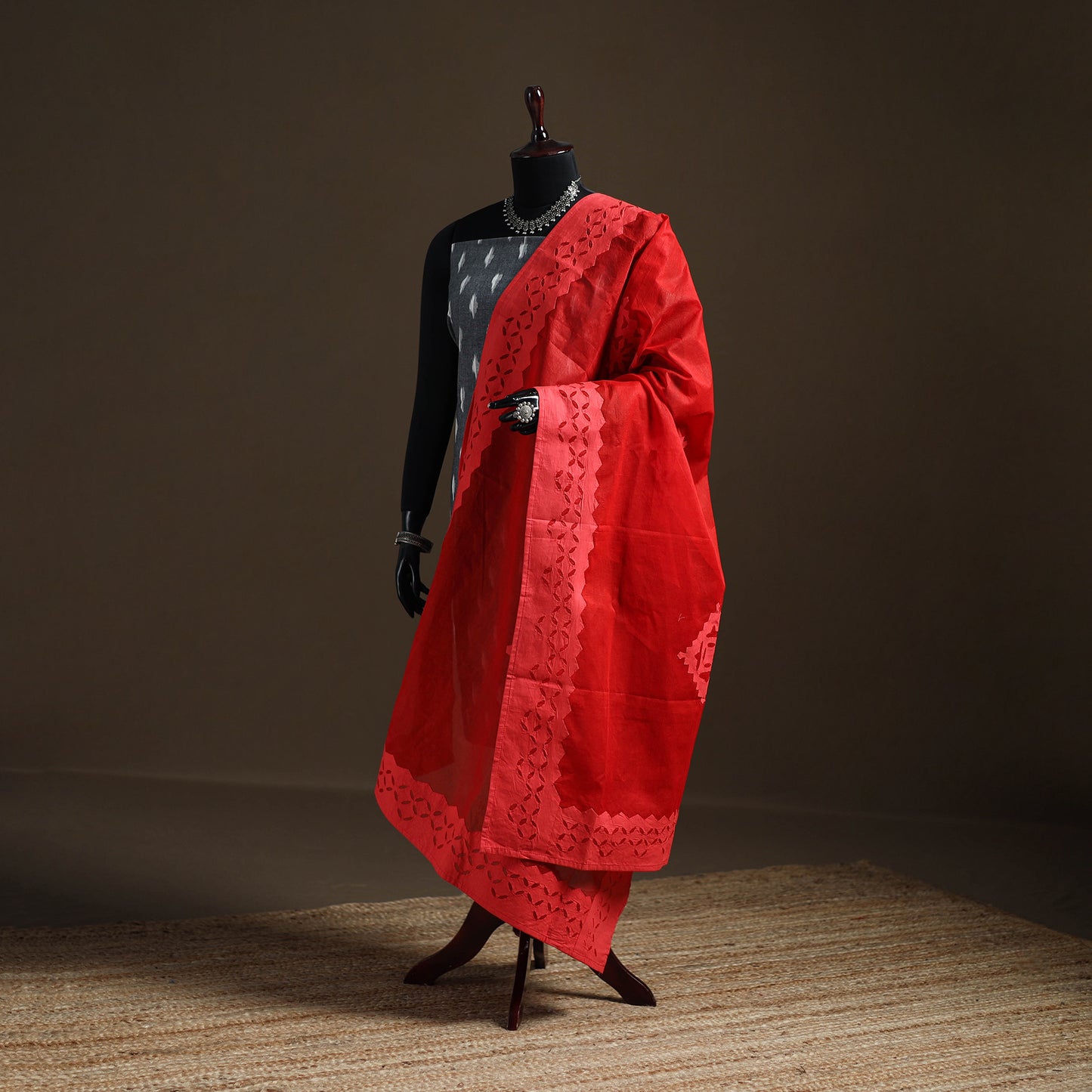 Red - Pure Cotton Barmer Cutwork Applique Dupatta 04