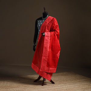 Red - Pure Cotton Barmer Cutwork Applique Dupatta 04