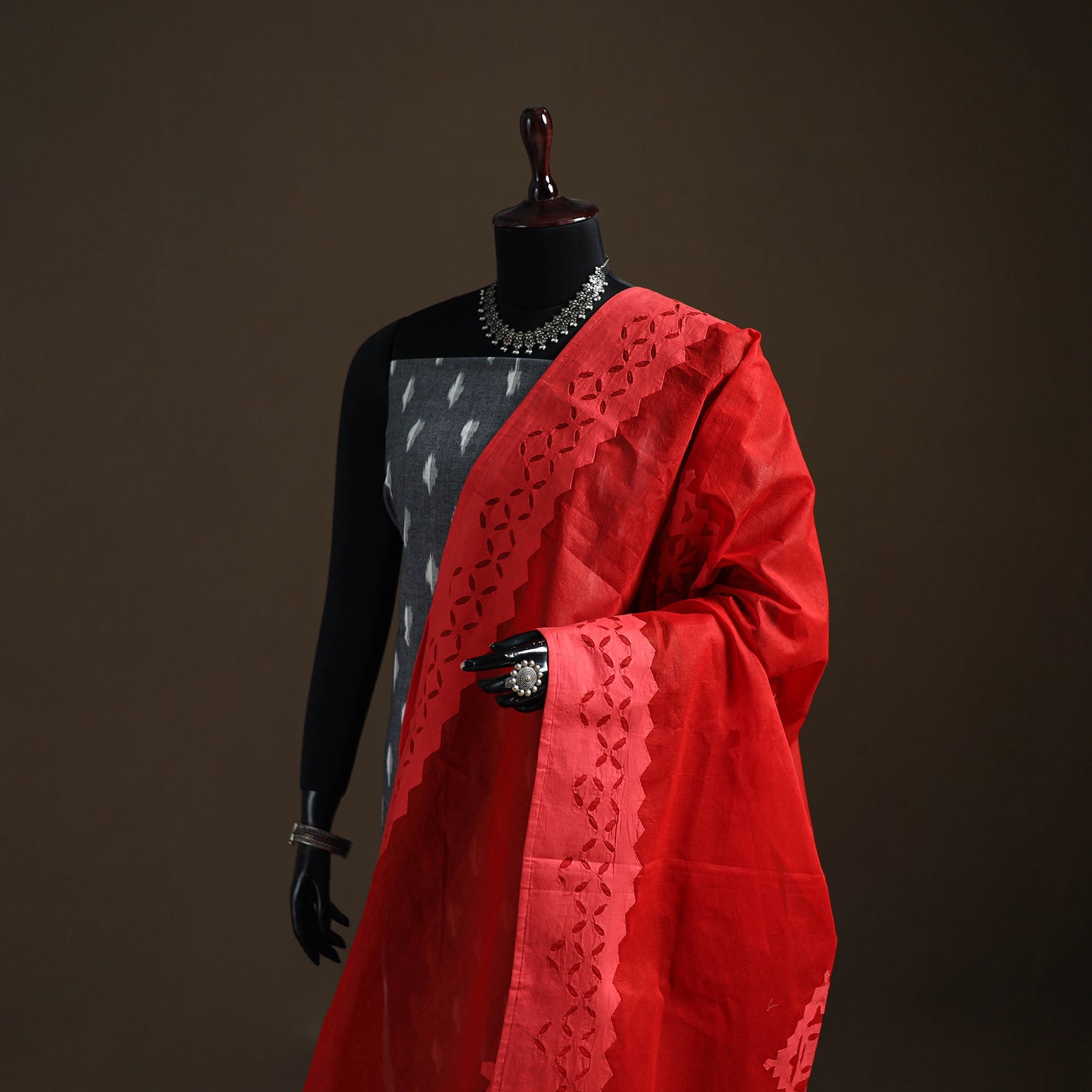 Red - Pure Cotton Barmer Cutwork Applique Dupatta 04