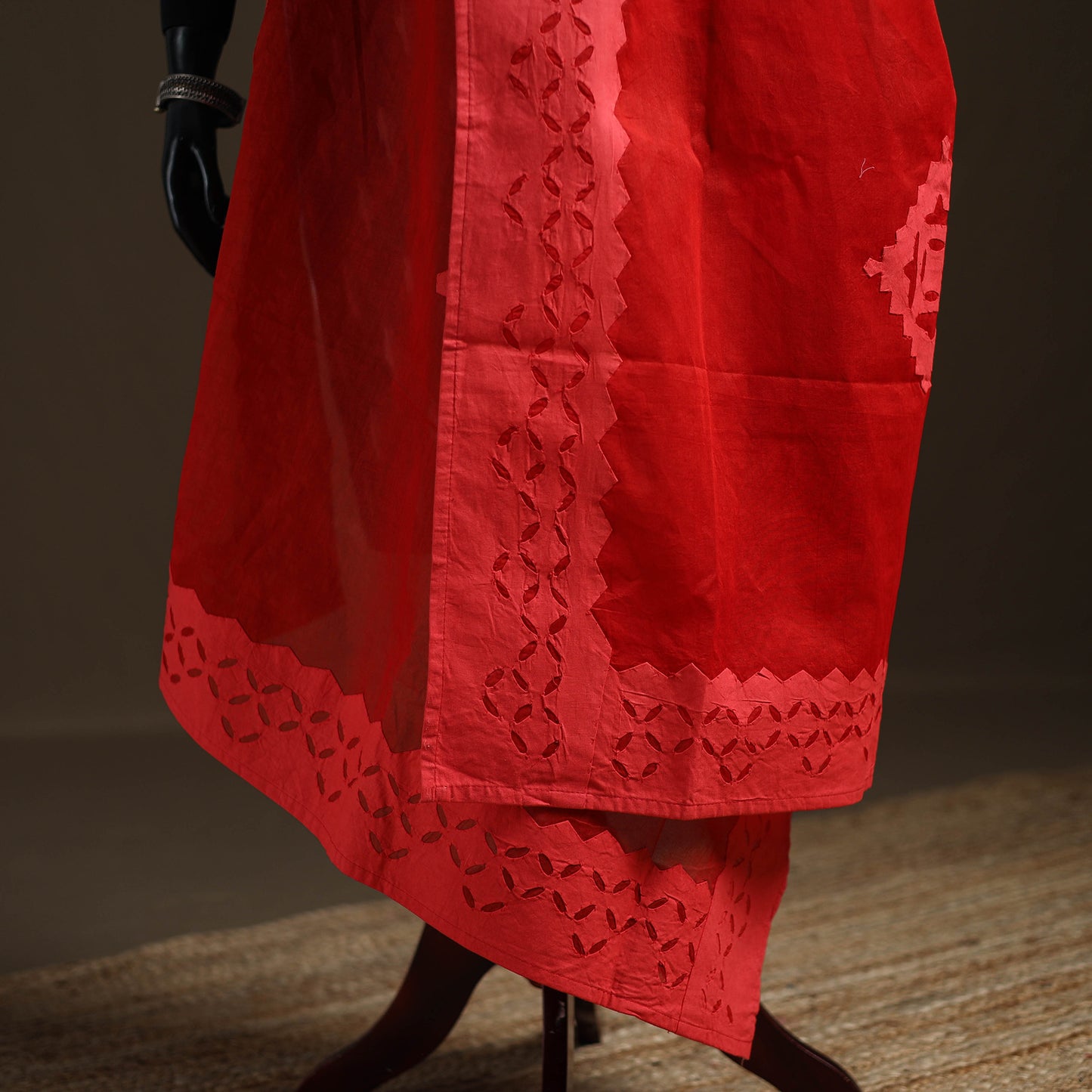 Red - Pure Cotton Barmer Cutwork Applique Dupatta 04