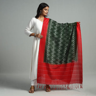 Green - Pochampally Missing Ikat Weave Cotton Handloom Dupatta 01