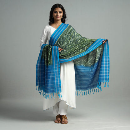 Green - Pochampally Missing Ikat Weave Cotton Handloom Dupatta 04