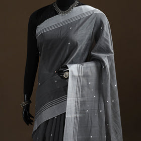 Grey - Pure Handloom Cotton Thread Buti Chanderi Saree 05