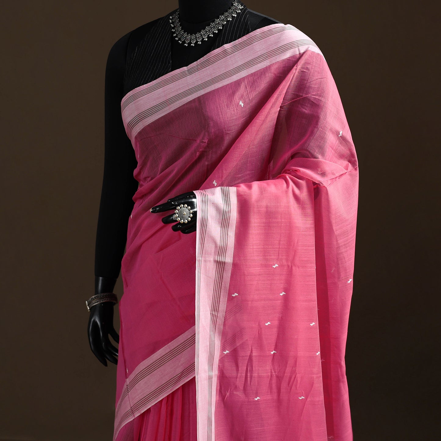 Pink - Pure Handloom Cotton Thread Buti Chanderi Saree 06