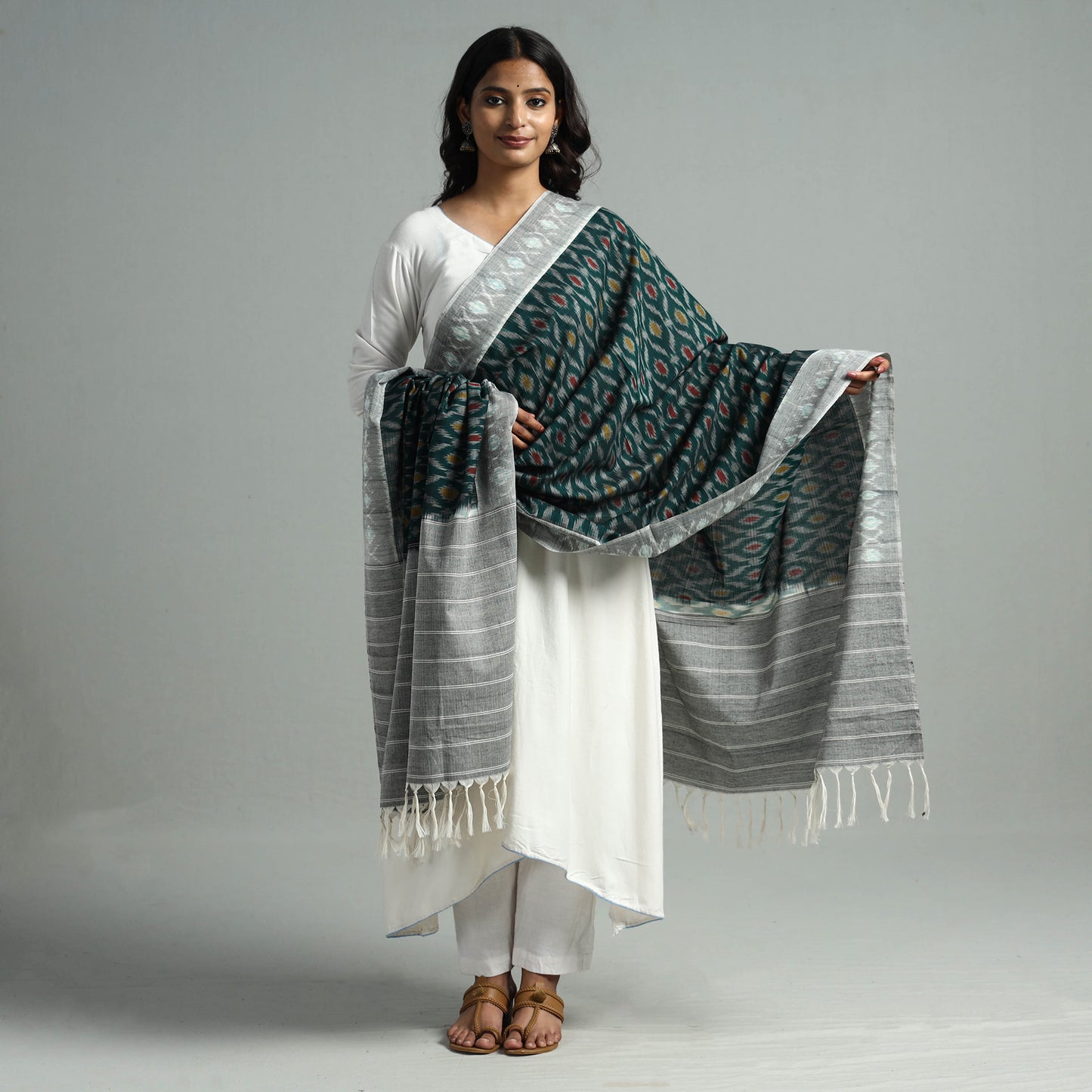 Green - Pochampally Ikat Weave Cotton Handloom Dupatta 10