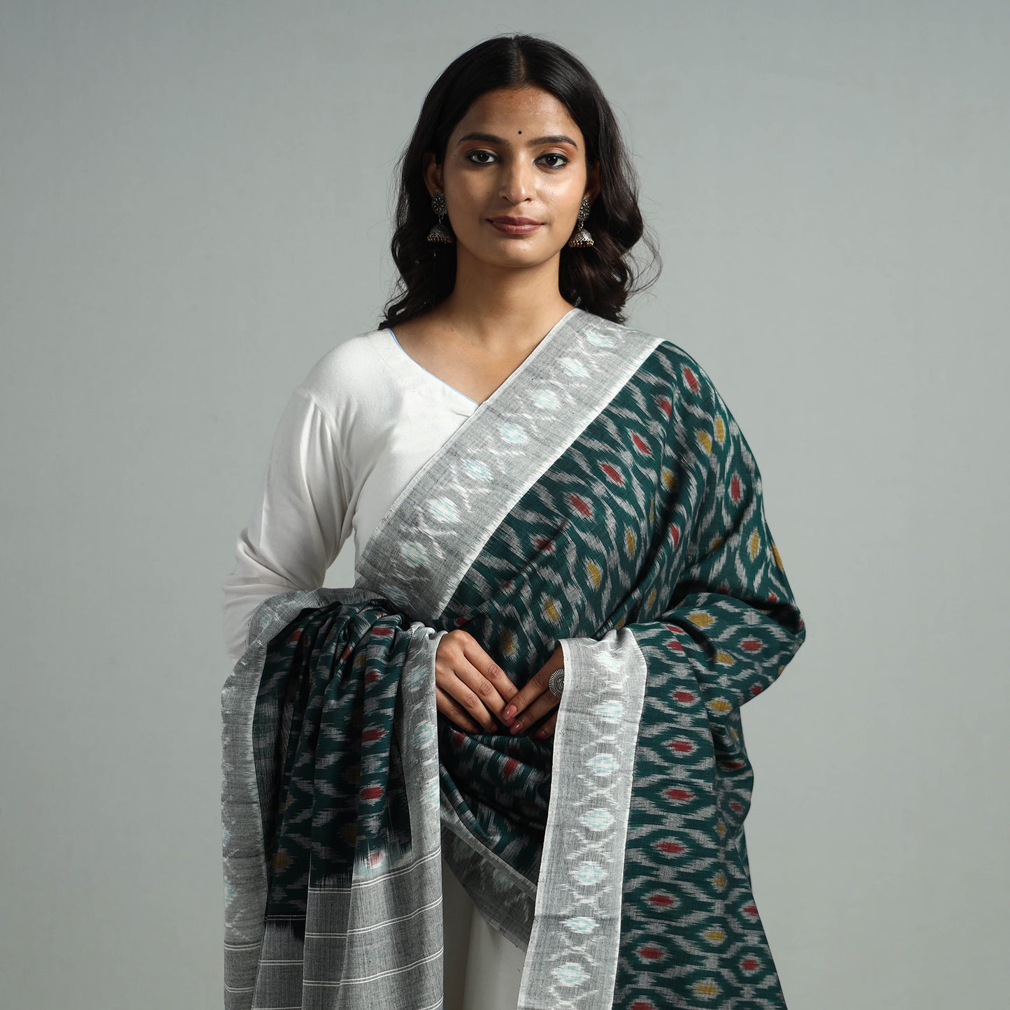 Green - Pochampally Ikat Weave Cotton Handloom Dupatta 10