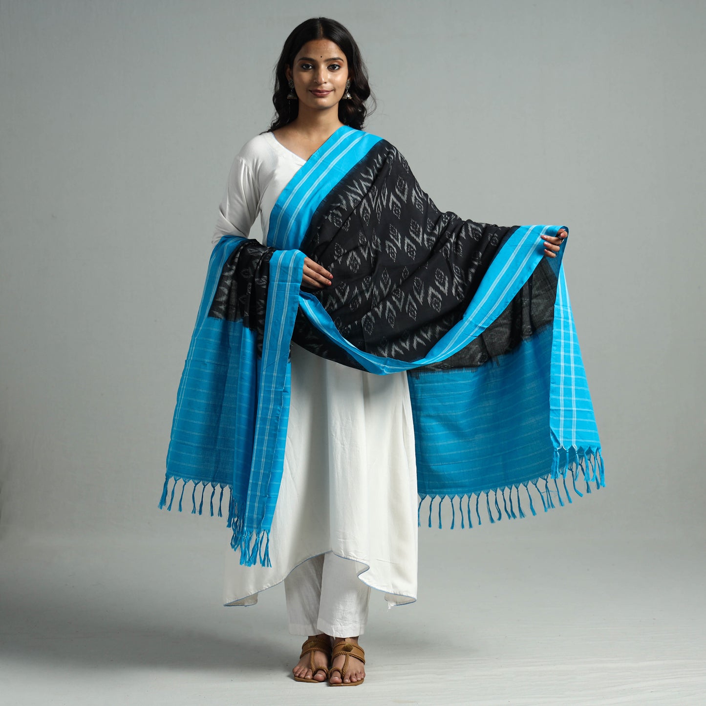 Grey - Pochampally Ikat Weave Cotton Handloom Dupatta 12