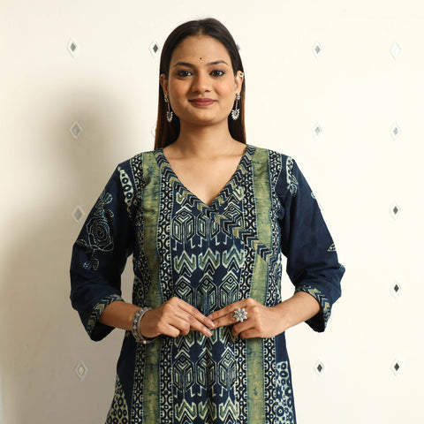 Limited Stock! Blue - Ajrakh Block Printed Cotton Straight Kurta
