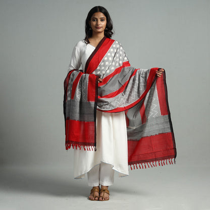Grey - Pochampally Ikat Weave Cotton Handloom Dupatta 16