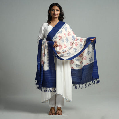 White - Pochampally Ikat Weave Cotton Handloom Dupatta 17