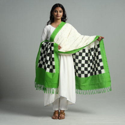 White - Pochampally Ikat Weave Double Ikat Handloom Cotton Dupatta 20