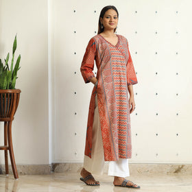Orange Ajrakh Block Printed Cotton Straight Kurta 