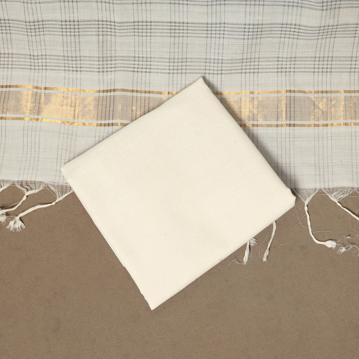 Beige - 3pc handloom cotton unstitched mangalagiri dress