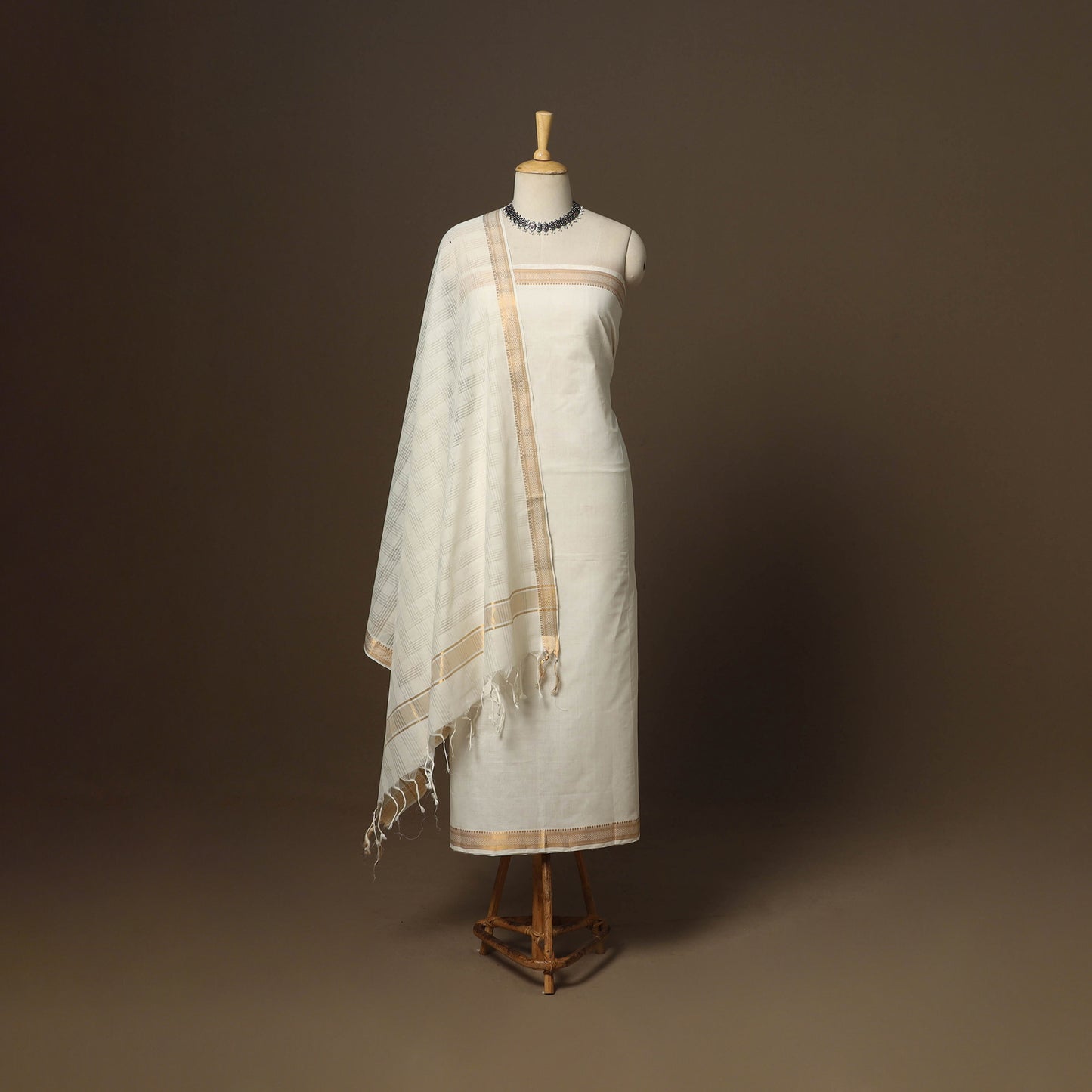 Beige - 3pc handloom cotton unstitched mangalagiri dress