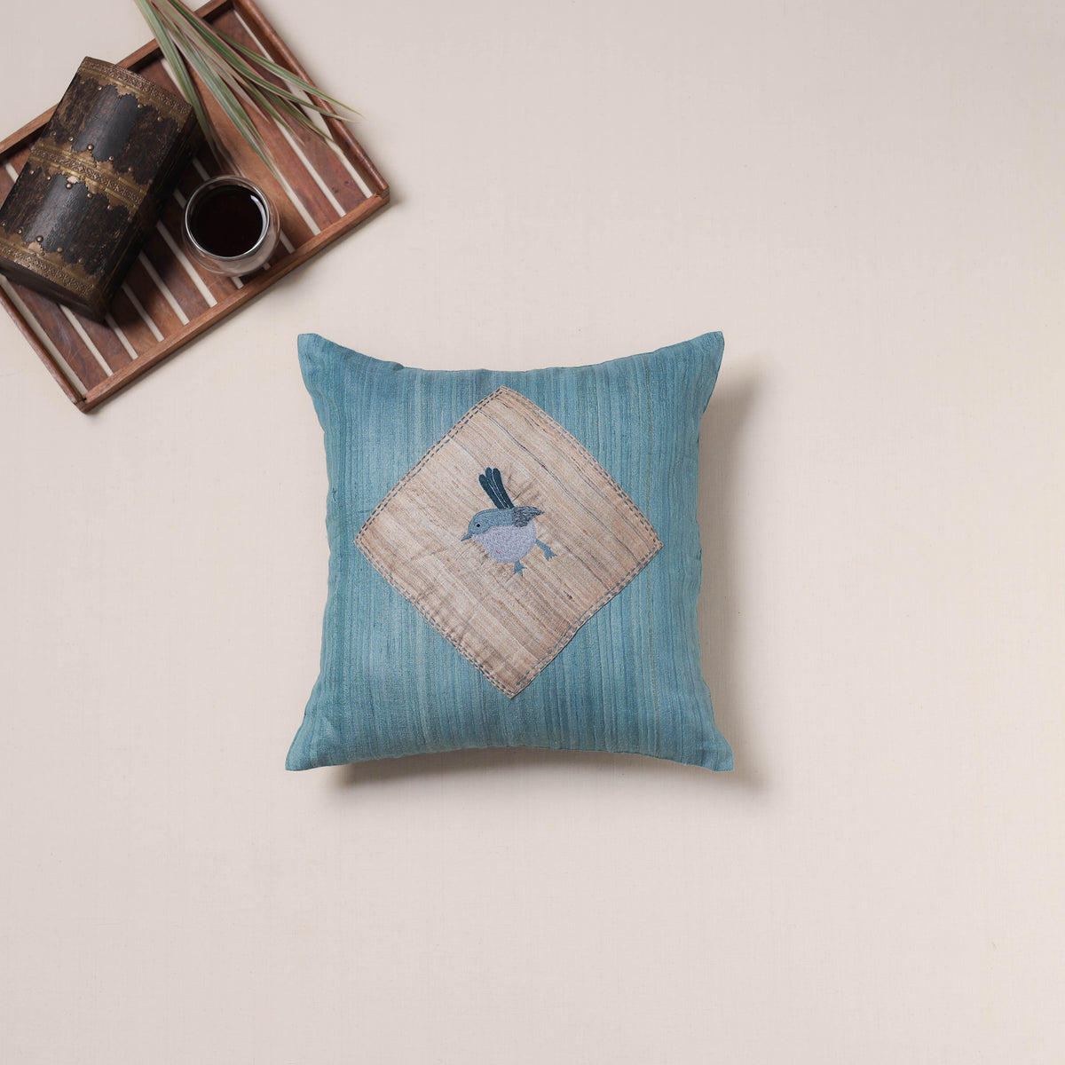 Bird Hand Embroidered Handloom Cushion Cover (16 x 16 in) 01