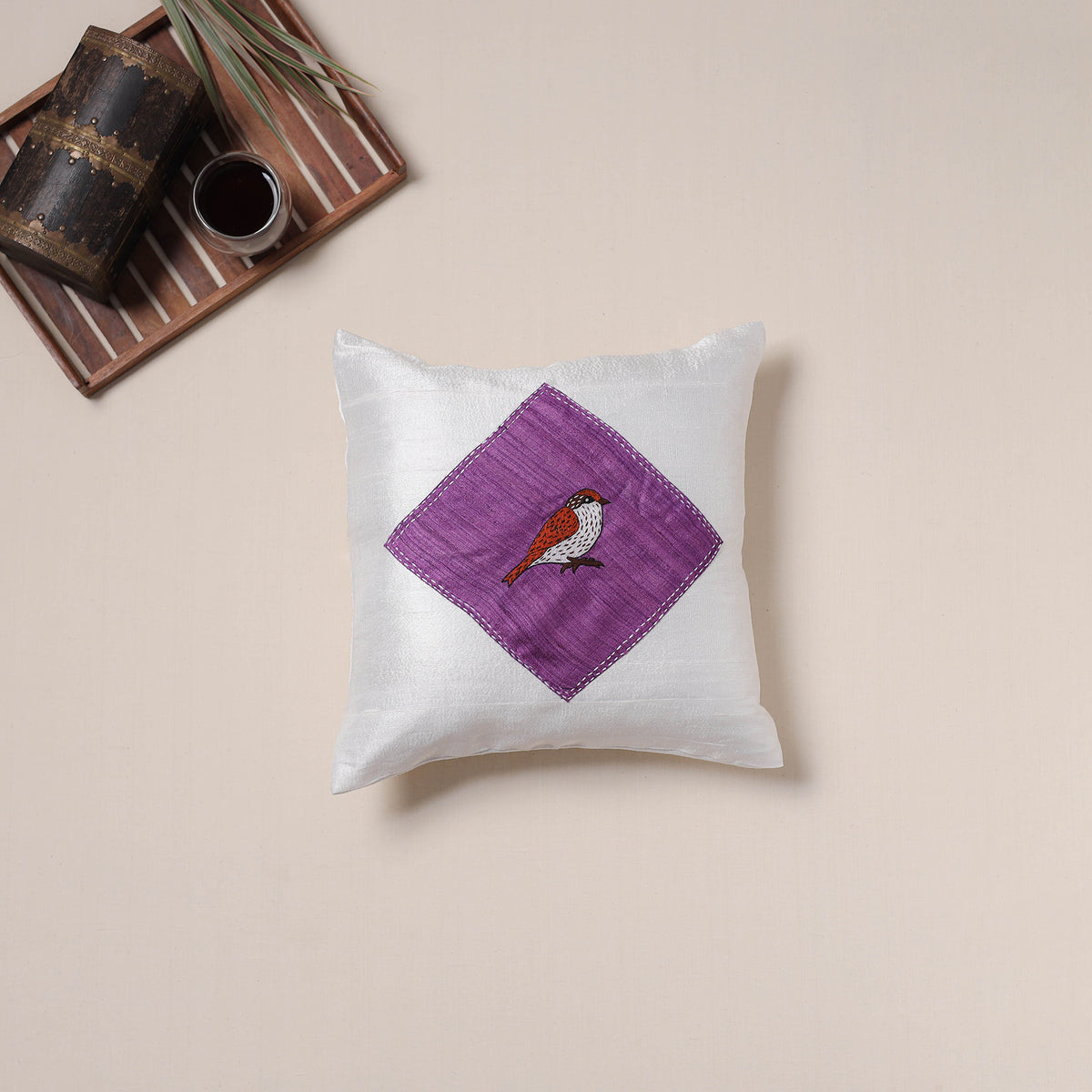 Bird Hand Embroidered Handloom Cushion Cover (16 x 16 in) 03