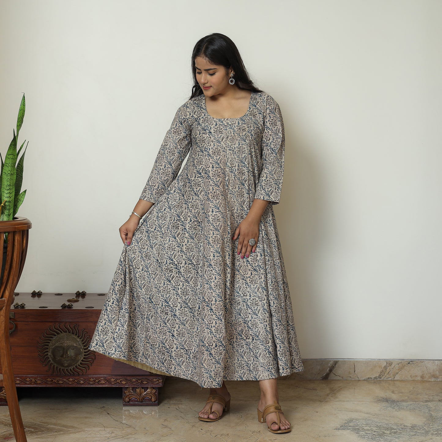 Grey - Pedana Kalamkari Block Printed Cotton Tiered Dress 03