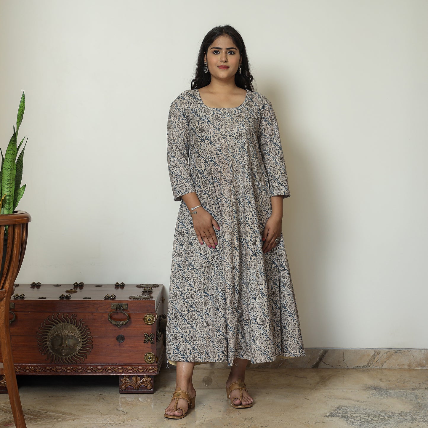Grey - Pedana Kalamkari Block Printed Cotton Tiered Dress 03