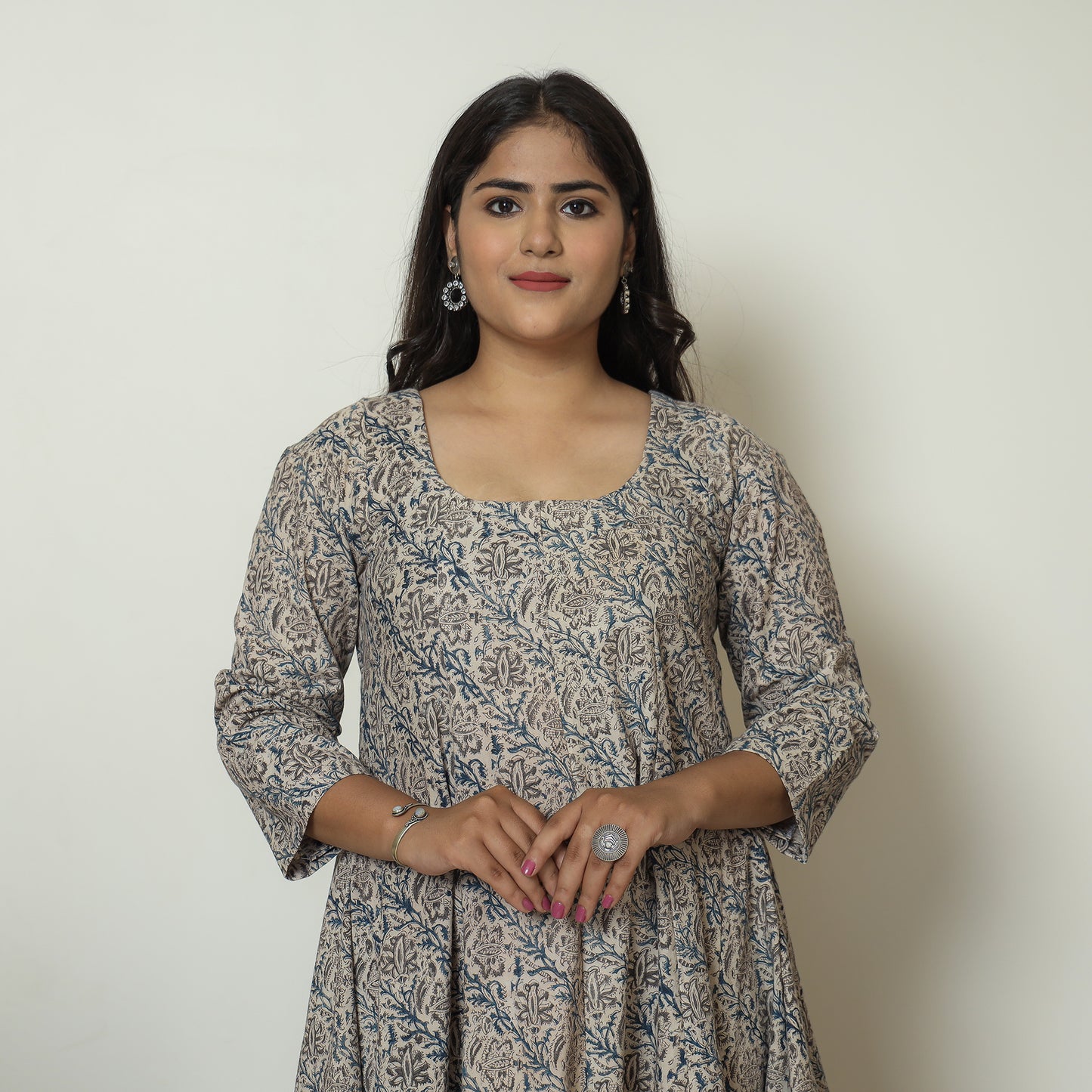 Grey - Pedana Kalamkari Block Printed Cotton Tiered Dress 03