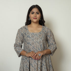 Grey - Pedana Kalamkari Block Printed Cotton Tiered Dress 03